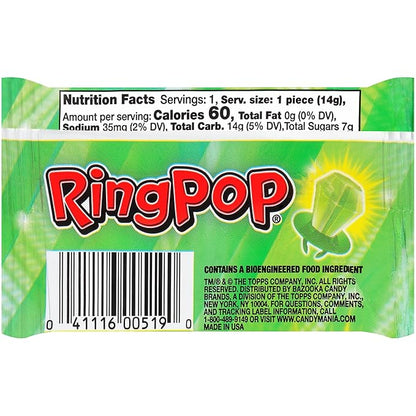 Ring Pop Green Halloween Candy Lollipops, 30Ct Bulk Candy Individually Wrapped in Green Watermelon Flavor, Full Size, Fun Hard Candy For Trick or Treat, Halloween Bowls, Gifts, Party Favors for Kids