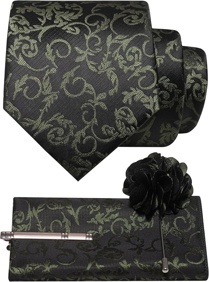 JEMYGINS Mens Floral Tie and Lapel Pin Necktie Pocket Square and Tie Clip with Sets for Business Casual 4PCS