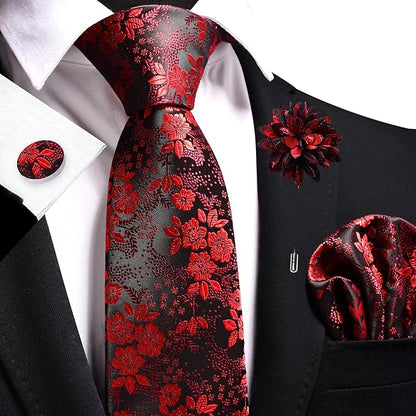 GUSLESON 3.15"（8cm） Mens Floral Tie and Lapel Pin Necktie Hankerchief Cufflinks Set for Men