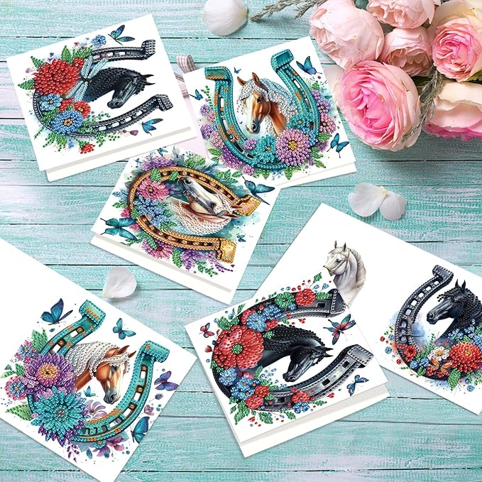 jinglinhh 12pcs Diamond Art Painting Flowers Horse Greeting Cards with Envelopes, DIY Card Making Kits for Adults, Diamond Art Christmas Cards for Birthday Holiday Postcards Craft Gifts