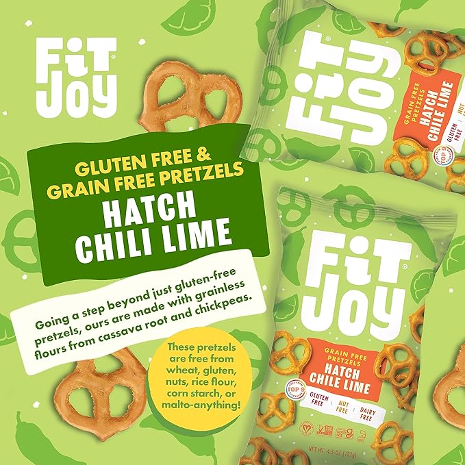 FitJoy Hatch Chile Lime Pretzels (Pack of 6, 5 Oz) - Dairy, Nut & Gluten Free Snacks - Grain Free Cassava Root & Chickpea Flour Vegan Pretzel Twists - Classic Snack Pretzels for Moms and More