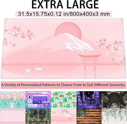 Cherry Blossom Mouse Pad Kawaii Pink Floral Desk Mat, Japanese Pastel Sakura Large Anime Gaming Mousepad XXL, Cute Aesthetic Mount Fuji Japan Keyboard Mats for Women Office Desk Pads 31.5"x15.75"