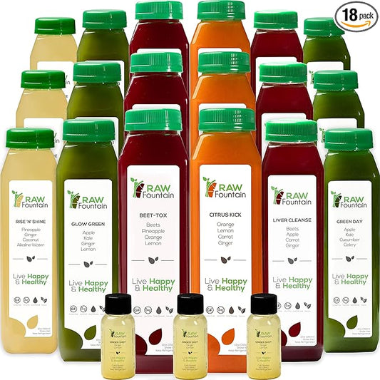 3 Day Juice Cleanse by Raw Fountain, All Natural Raw Detox Cleanse, Juicing for Body Reset, Cold Pressed Juice Fast, Great Way to Jumpstart a Healthy Diet, 18 Bottles 12oz, 3 Ginger Shots