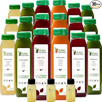 5 Day Juice Cleanse by Raw Fountain, All Natural Raw Detox Cleanse, Juicing for Body Reset, Cold Pressed Juice Fast, Great Way to Jumpstart a Healthy Diet, 30 Bottles 12oz, 5 Ginger Shots