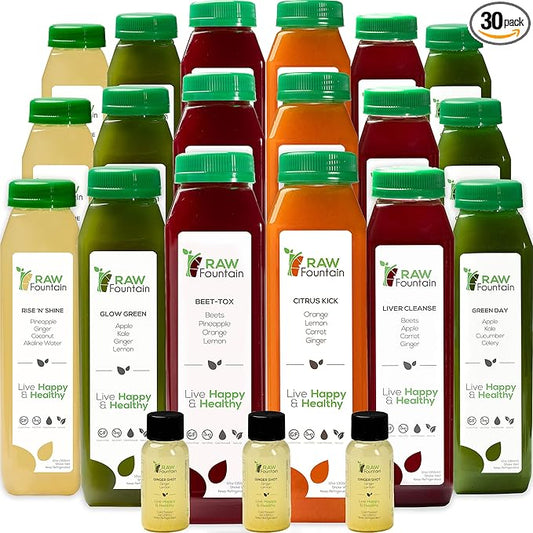 5 Day Juice Cleanse by Raw Fountain, All Natural Raw Detox Cleanse, Juicing for Body Reset, Cold Pressed Juice Fast, Great Way to Jumpstart a Healthy Diet, 30 Bottles 12oz, 5 Ginger Shots