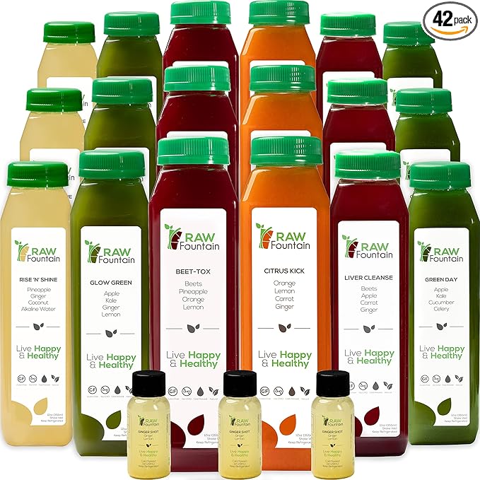 7 Day Juice Cleanse by Raw Fountain, All Natural Raw Detox Cleanse, Juicing for Body Reset, Cold Pressed Juice Fast, Great Way to Jumpstart a Healthy Diet, 42 Bottle 12oz, 7 Ginger Shots