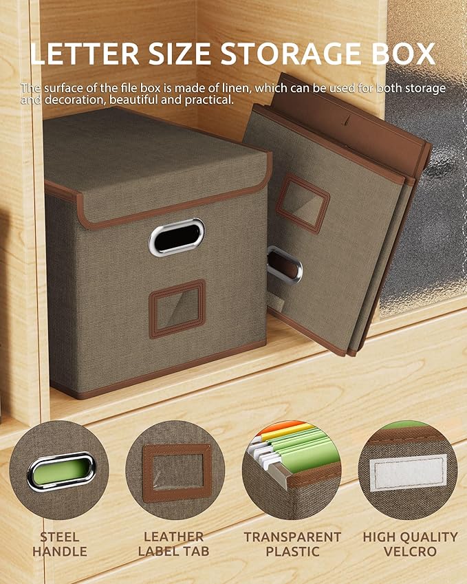 Oterri 2 Pack File Organizer Box,File Box,Small File Cabinet for Letter Folders,Light Brown Portable Filing Box,Hanging File Folder Organizer with Lid for Office/Decor/Home- without Folders