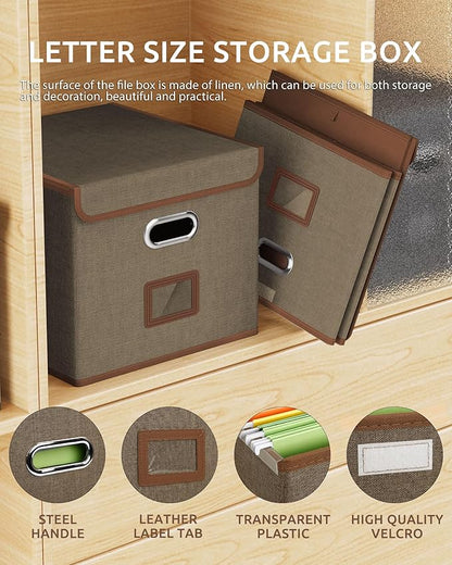 Oterri 2 Pack File Organizer Box,File Box,Small File Cabinet for Letter Folders,Light Brown Portable Filing Box,Hanging File Folder Organizer with Lid for Office/Decor/Home- without Folders