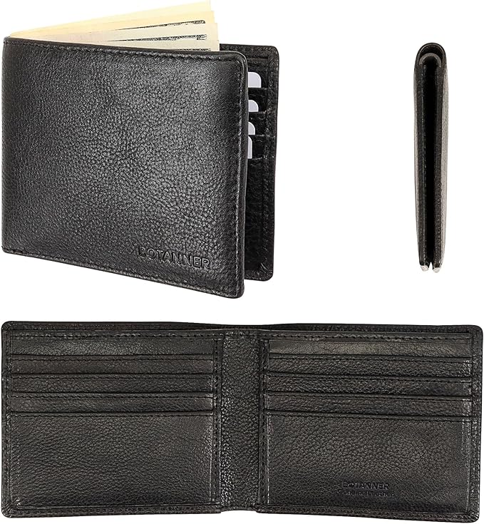 Genuine Leather Bifold Mens Slim Wallet RFID Blocking with 8 Credit Card Slots 2 Sections for Bills 2 Additional Slots | For Him (Black)