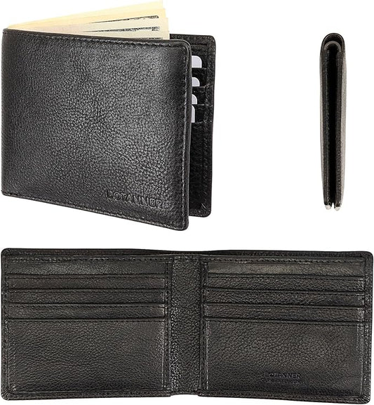 Genuine Leather Bifold Mens Slim Wallet RFID Blocking with 8 Credit Card Slots 2 Sections for Bills 2 Additional Slots | For Him (Black)