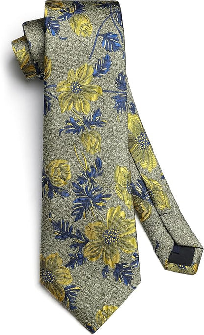 HISDERN Men Floral Ties Woven Classic 3.4" Necktie Set Formal Tie Pocket Square for Wedding with Handkerchief Gift Box