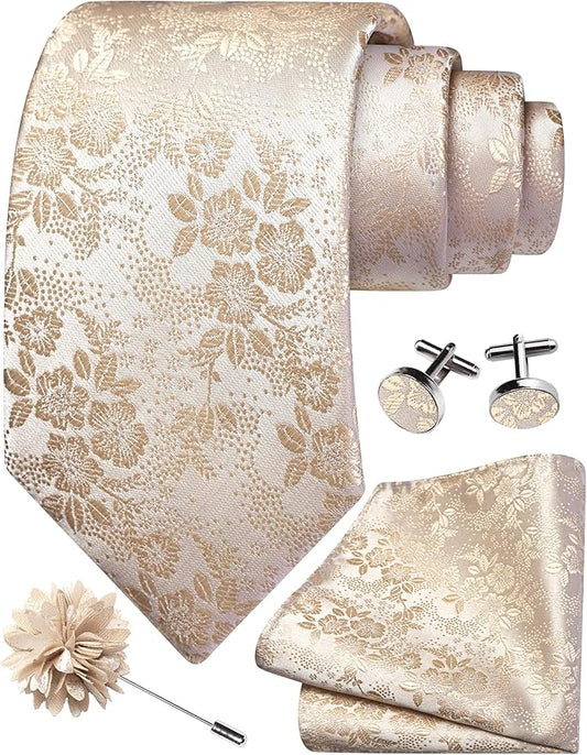 GUSLESON 3.15"（8cm） Mens Floral Tie and Lapel Pin Necktie Hankerchief Cufflinks Set for Men