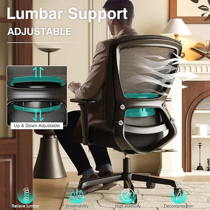 ELABEST T96C Ergonomic Home Office Chair, Mesh Computer Desk Chair with 4D Armrests, Adjustable Lumbar Support,Rolling Swivel Task Chair for Long Hours, Sponge Cushion