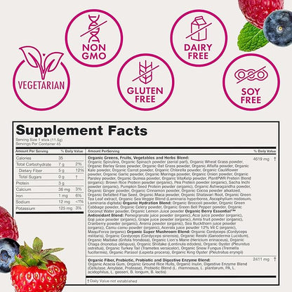 Zena Nutrition Organic Super Greens Powder, 70+ Superfoods, 0 Sugar, 5G Fiber, Spirulina, Chlorella, Antioxidants, Prebiotics/Probiotics, Digestive Enzymes, Mixed Berry, 45 Drink Mix Packets