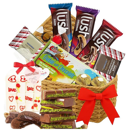 Heart Shaped Gift Basket 41 Count, Includes Assorted Chocolates, Cookies & Marshmallows, Romantic Gift for Valentine’s Day, Anniversary, Birthday or Special Occasion