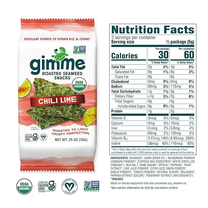 Gimme Seaweed Organic Premium Roasted Seaweed Snacks, Chili Lime, 12 Count Sharing Size, Keto, Vegan, Gluten-Free, Great Source of Omega3s and Iodine, Healthy On-The-Go Snack for Kids and Adults