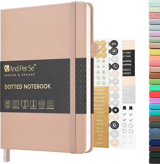 , A5 Hardcover Leather Bullet Dotted Journal, 160 Pages 100 gsm Thick Paper，3 Sheets of Stickers Included - 5.7'' x 8''（Apricot）