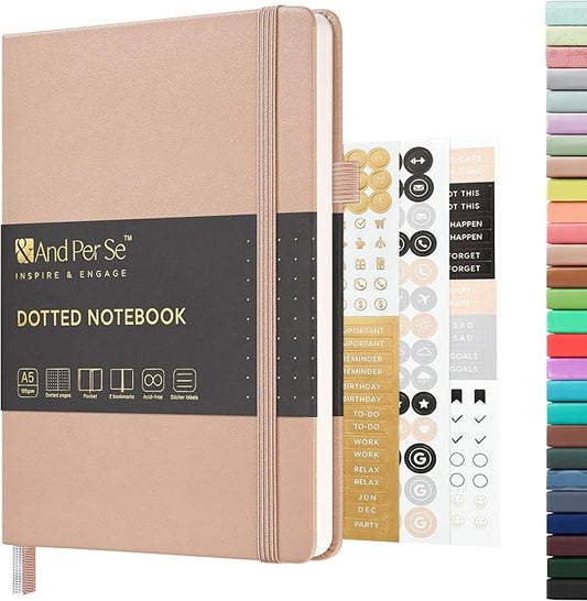 , A5 Hardcover Leather Bullet Dotted Journal, 160 Pages 100 gsm Thick Paper，3 Sheets of Stickers Included - 5.7'' x 8''（Apricot）