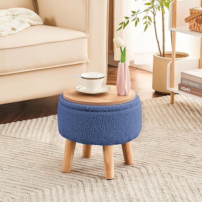 Poofzy Small Ottoman with Storage, Small Foot Stool Ottoman with Wood Legs, Sherpa Foot Rest for Couch, Living Room and Bedroom - Navy Blue