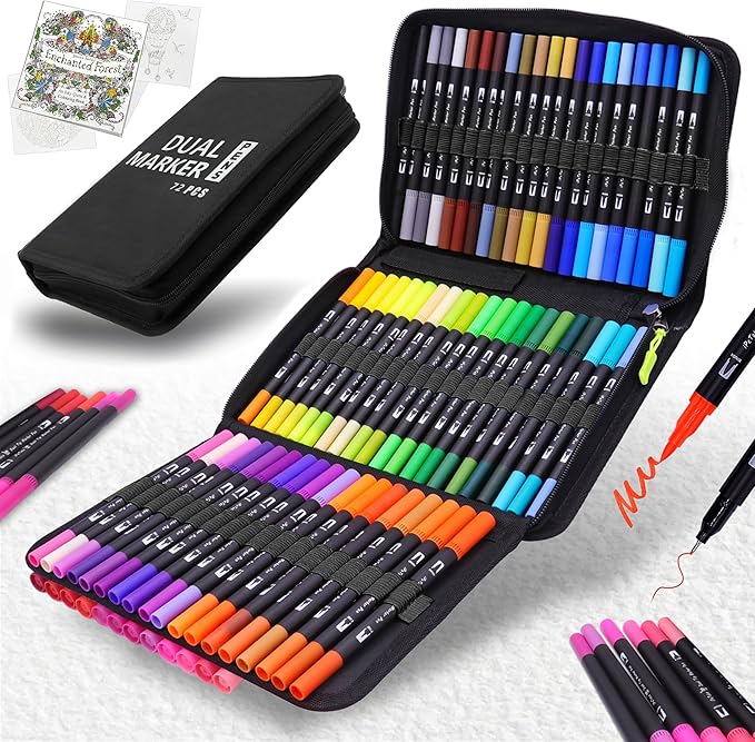 Double Tip Brush Pens Art Markers (72 Colors), Fine Tip Acrylic Coloring Markers for Painting, Highlighting, Card Making, Gifts for Kids Adult, Craft Kit for Office School Supplies