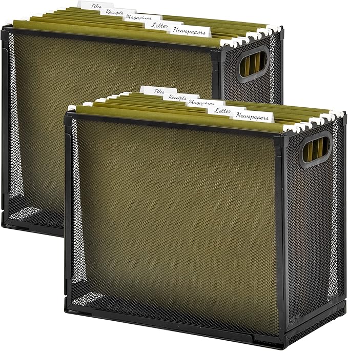 EASEPRES Desk Hanging File Organizer with 10 Folders, Mesh Metal Letter-Size Desktop File Holder Box for Filing Folder Storage Basket, 2 Pack Black, 12.2 x 9.45 x 5.45 inches