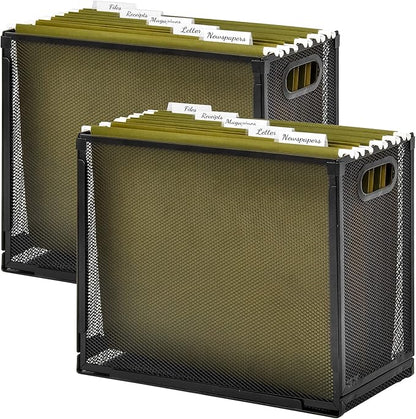 EASEPRES Desk Hanging File Organizer with 10 Folders, Mesh Metal Letter-Size Desktop File Holder Box for Filing Folder Storage Basket, 2 Pack Black, 12.2 x 9.45 x 5.45 inches