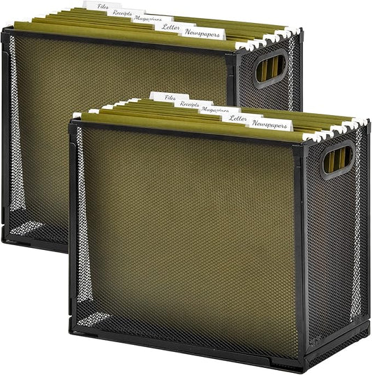EASEPRES Desk Hanging File Organizer with 10 Folders, Mesh Metal Letter-Size Desktop File Holder Box for Filing Folder Storage Basket, 2 Pack Black, 12.2 x 9.45 x 5.45 inches