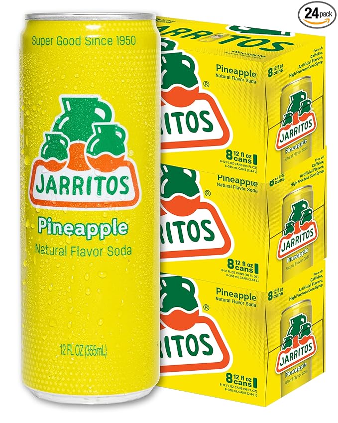 Jarritos - Mexican Soda Soft Drinks, Pineapple (12 oz, 355ml) 24 Cans (3 Boxes of 8) - Real Cane Sugar - 140 Calories, 0g Fat - Made in Mexico - Natural Flavor Soda Pop - Party & BBQ Beverages