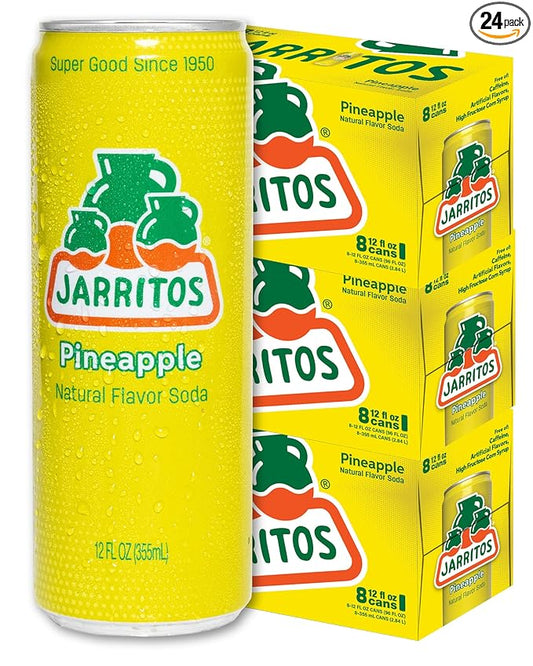 Jarritos - Mexican Soda Soft Drinks, Pineapple (12 oz, 355ml) 24 Cans (3 Boxes of 8) - Real Cane Sugar - 140 Calories, 0g Fat - Made in Mexico - Natural Flavor Soda Pop - Party & BBQ Beverages