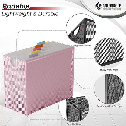 Hanging File Organizer Box, Hanging File Folder Frame Holder Filing Box with 5 Hanging Folders, Metal Mesh Desk File Folder Storage(No Assembly Required), Pink
