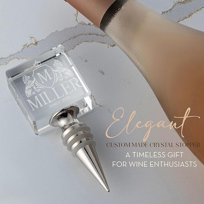 Personalized Crystal Wine Stopper - Custom Engraved Initial, Name & Date - 3D Glass Bottle Stopper with 6 Design Options - Square, Included Gift Box
