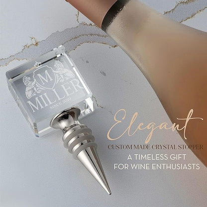Personalized Crystal Wine Stopper - Custom Engraved Initial, Name & Date - 3D Glass Bottle Stopper with 6 Design Options - Square, Included Gift Box