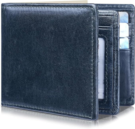 Mens Wallet Bifold Genuine Leather RFID Blocking Wallet for Men with 1 ID Windows 13 Card Holders 2 cash pockets 1 Gift Box