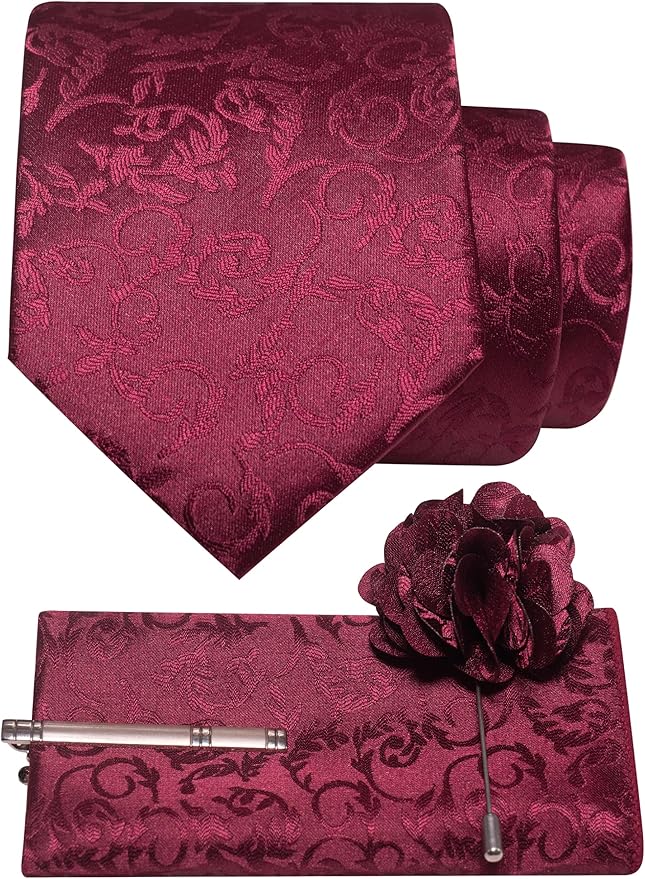 JEMYGINS Mens Floral Tie and Lapel Pin Necktie Pocket Square and Tie Clip with Sets for Business Casual 4PCS