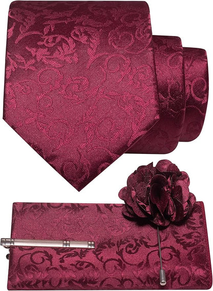 JEMYGINS Mens Floral Tie and Lapel Pin Necktie Pocket Square and Tie Clip with Sets for Business Casual 4PCS