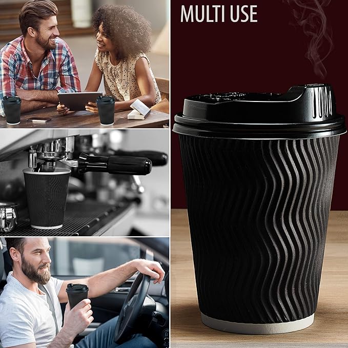 Primens Insulated Disposable Coffee Cups with Lids & Straws 12 oz, 100 Packs - Paper Cups for Hot Beverage Drinks To Go Tea Coffee Home Office Car Coffee Shop Party (Black)