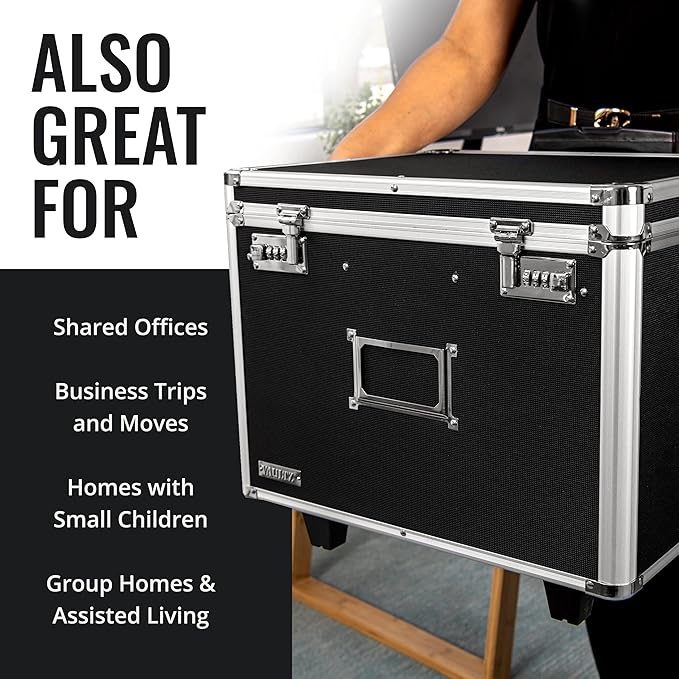 Vaultz Portable File Storage Box with Handle - 14.5" x 17.5" x 15.5" Letter/Legal Size Mobile Lock Box - Double Combination Locking Cabinet - Black