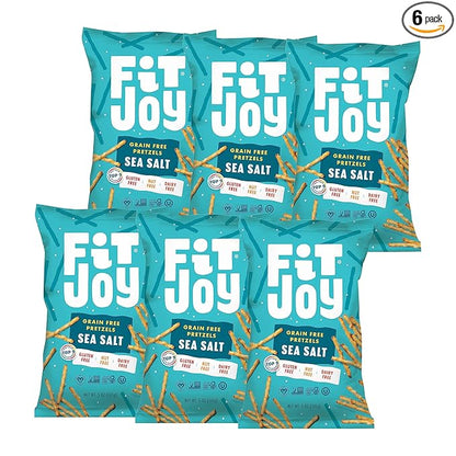 FitJoy Sea Salt Pretzels (Pack of 6, 5 Oz) - Dairy, Nut & Gluten Free Snacks - Grain Free Cassava Root & Chickpea Flour Vegan Pretzel Sticks - Classic Snack Pretzels for Moms, Children and More