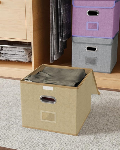 Oterri 2 Pack File Organizer Box,File Box,Small File Cabinet for Letter Folders,Khaki Portable Filing Box,Hanging File Folder Organizer with Lid for Office/Decor/Home- without Folders