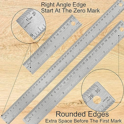 Metal Ruler Set [6+12+18 Inch] – Stainless Steel Rulers with Cork Backing, Non-Slip Measuring Tools with Inch & Centimeter Markings, Drafting and Office Use, Prevents Ink Leakage