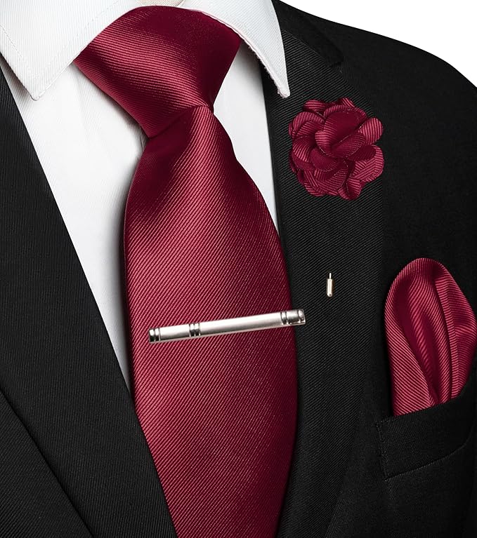 JEMYGINS Formal Necktie Solid Color Tie and Pocket Square with Tie Clip Lapel Pin Sets for Men 4PCS