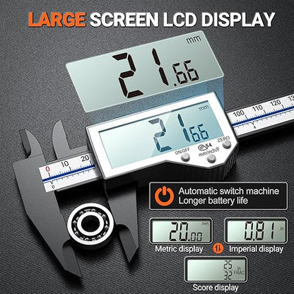 Preciva 6 Inch Digital Caliper, High Precision Measuring Tool with Large LCD Screen,Inch/Metric/Fraction Conversion, Auto-Off Feature, Vernier Caliper for DIY and Household