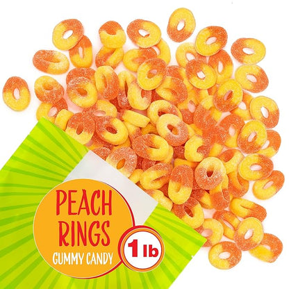 Peach Rings Gummy Candy 1-Pound Bag | Classic Sweet and Sour Candy | Soft Peach Gummies for Snacking, Dessert Topping & Buffet Tables | Chewy Gummy Rings
