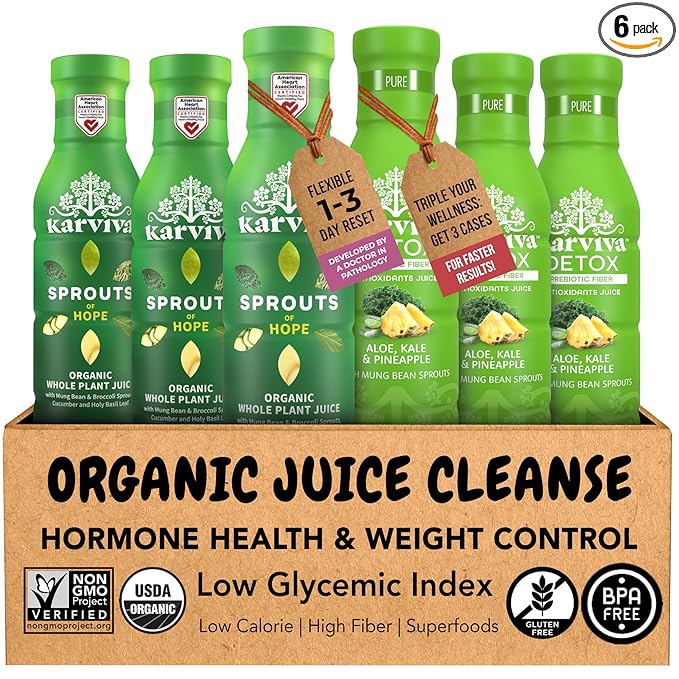 Karviva Organic Juice Cleanse for Liver Detox & Hormone Health - Ancient Remedies with Broccoli Sprouts, Aloe Vera, Kale, Kiwi, Ginger - Low-Sugar, Prebiotic, Fiber, Antioxidants (6 BPA-Free, Toxin-Free Bottles, 12 oz Each)