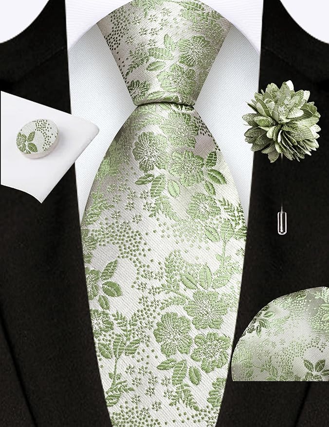 GUSLESON 3.15"（8cm） Mens Floral Tie and Lapel Pin Necktie Hankerchief Cufflinks Set for Men