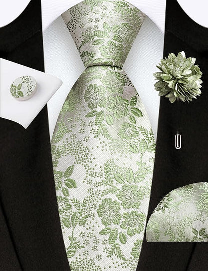 GUSLESON 3.15"（8cm） Mens Floral Tie and Lapel Pin Necktie Hankerchief Cufflinks Set for Men