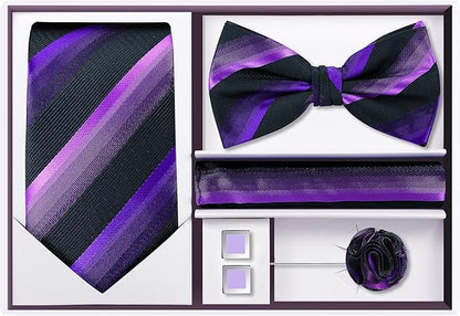 TIE G 5pcs Tie Set in WHITE OR BLACK GIFT BOX: Solid Color Necktie, Satin Bow Tie, Pocket Square, Lapel, Cuff Links