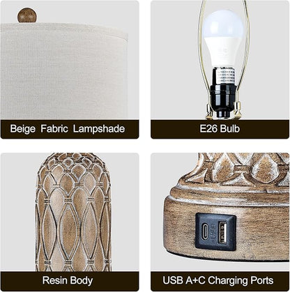 Farmhouse Lamps for Living Room Set of 2, 28" Table Lamps for Bedroom with USB Ports, 3-Way Dimmable Nightstand Table Lamp (Bulbs Included)
