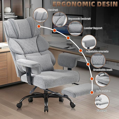 Vonesse Big and Tall Office Chair, Computer Chair with Soft Adjustable Armrests, Ergonomic Gaming Chair with Breathable Linen Design, Executive Chairs with Footrest (Linen Fabric,Light Gray)