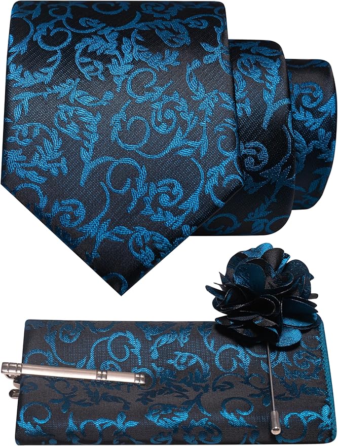 JEMYGINS Mens Floral Tie and Lapel Pin Necktie Pocket Square and Tie Clip with Sets for Business Casual 4PCS